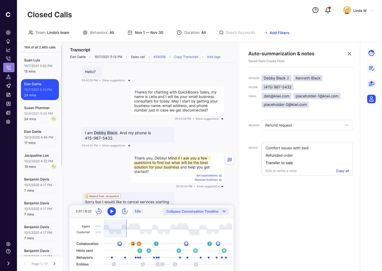 Auto-summarization and notes panel with extracted entities and an editable notes field.