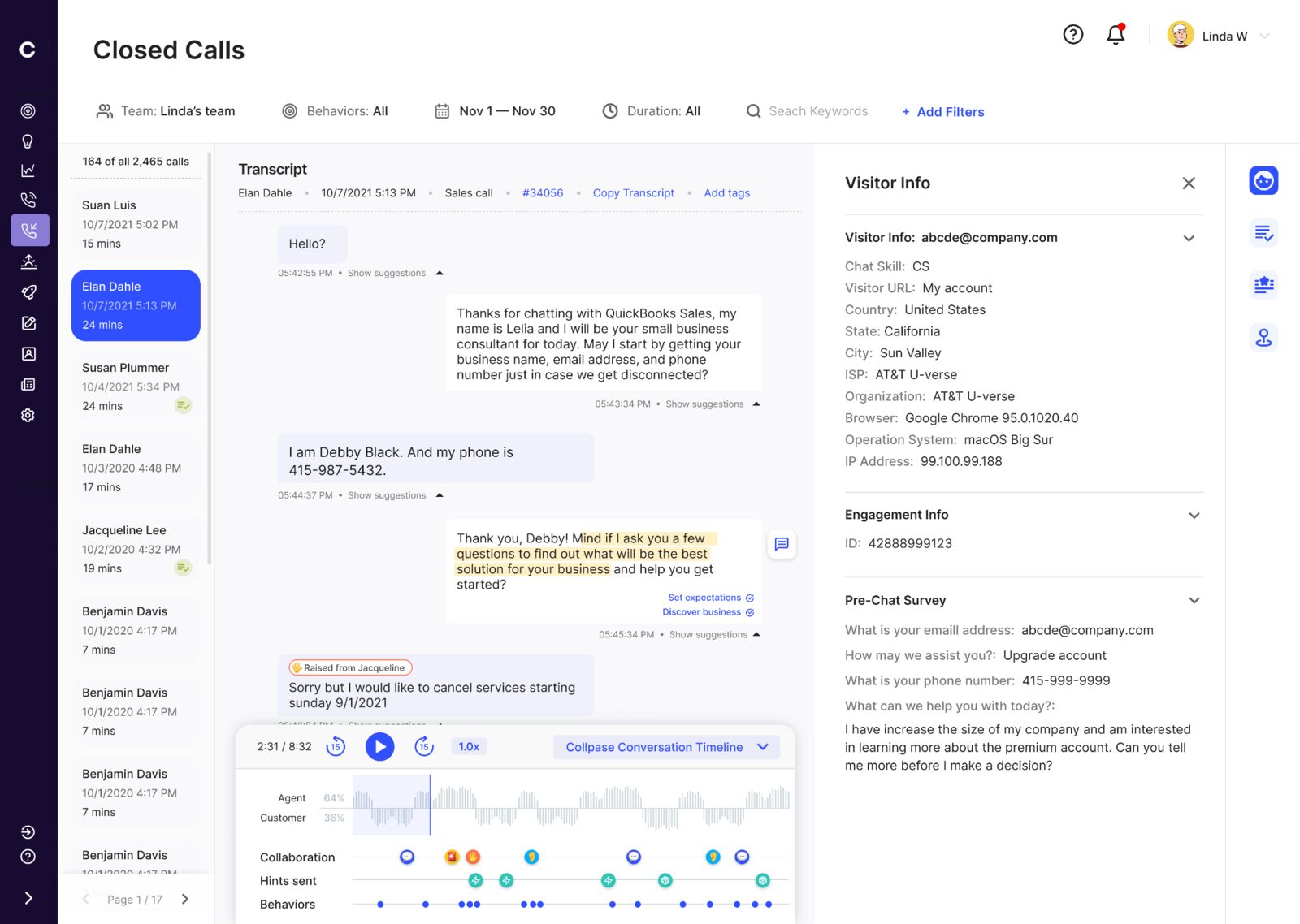 Closed call review with the Visitor Info side panel: identity, engagement ID and pre-chat survey.