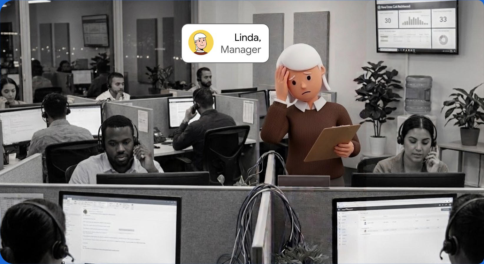 A contact centre floor of agents on headsets, with Linda, the manager persona, in the foreground holding a clipboard.