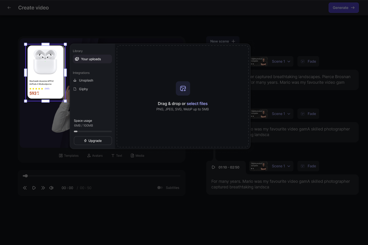 The media library: Your uploads with space usage, Unsplash and Giphy integrations, and a drag-and-drop zone.