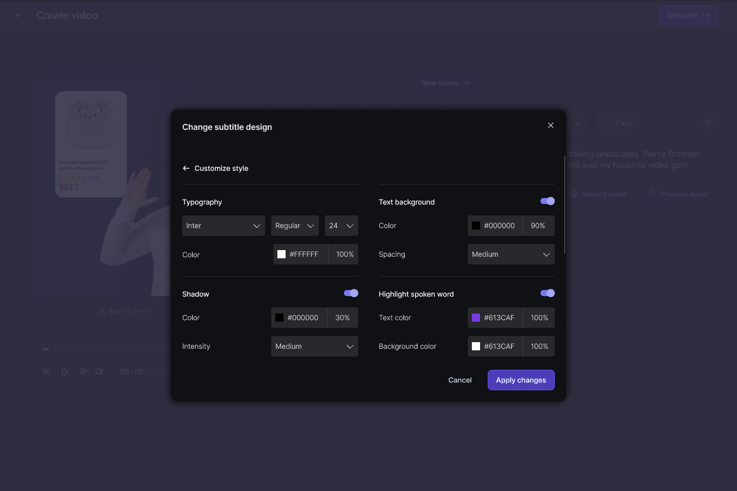 The Change subtitle design dialog: typography controls, text background, shadow, and a highlight-spoken-word toggle with text and background colors.