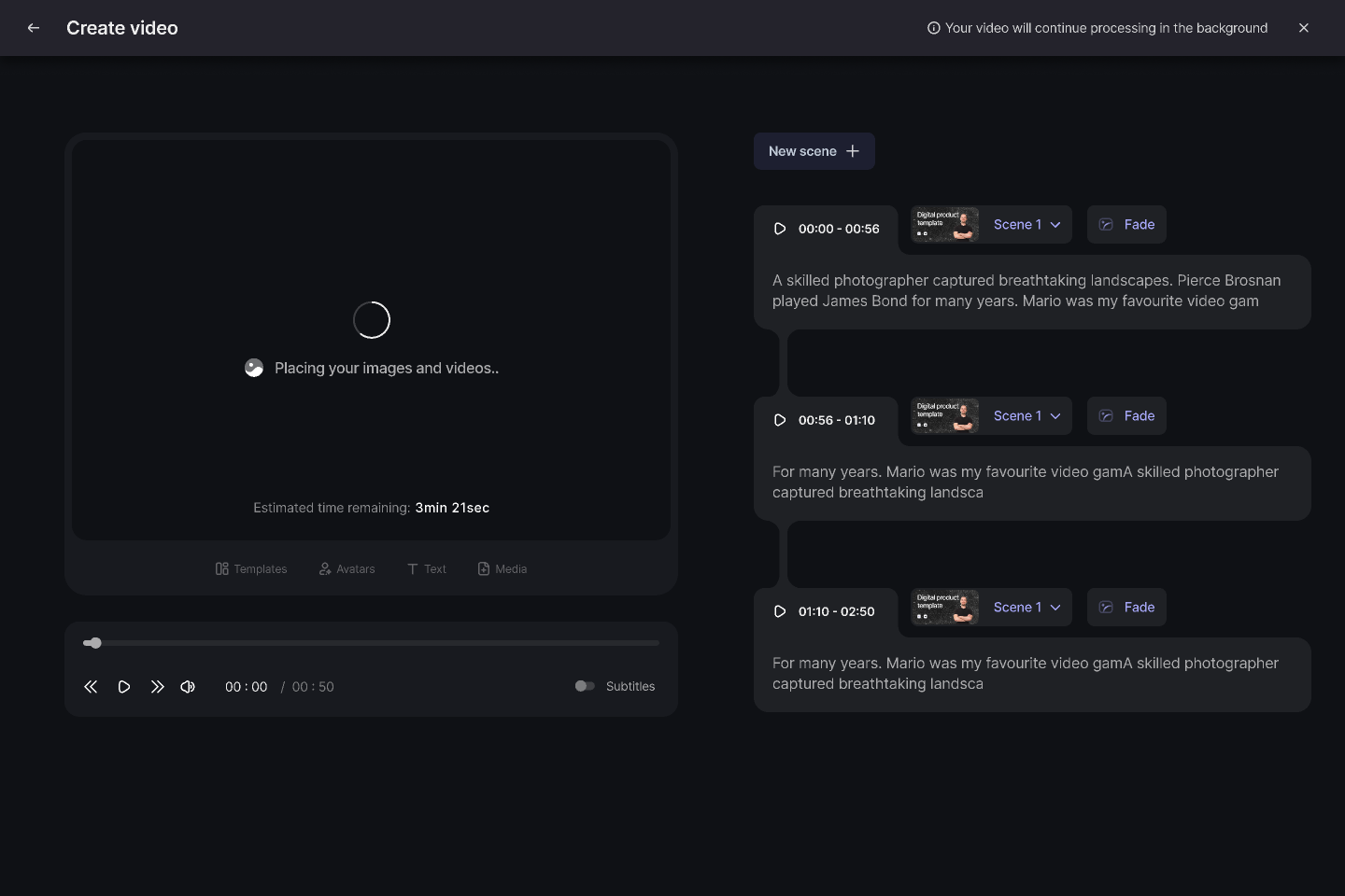 The generation state: a spinner with Placing your images and videos, an estimated time remaining, and a banner saying the video continues processing in the background.