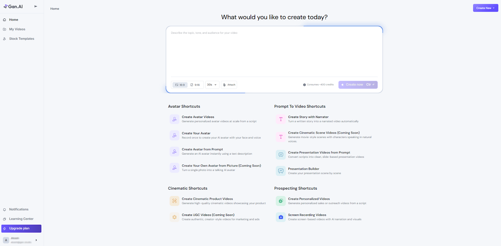 The Gan.ai dashboard: creation tools for cinematic ads, personalized projects and avatar videos, with projects and credits tracked in the sidebar.