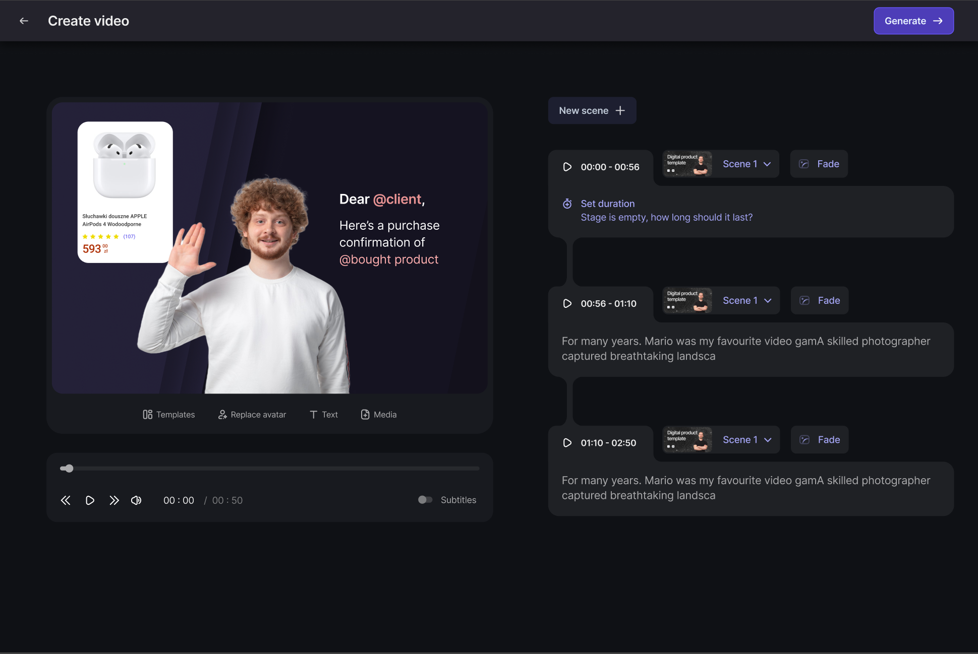 The template editor: an avatar presenter beside a product card, a script reading Dear @client with @bought product placeholders, a scene timeline and a Generate button.