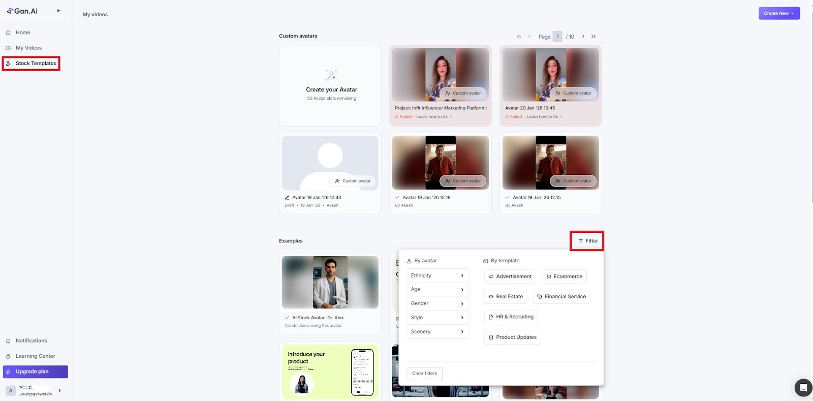 The Gan.ai stock templates gallery: a grid of forty AI presenter templates spanning professions, ages and styles, with filters for gender, style and context.