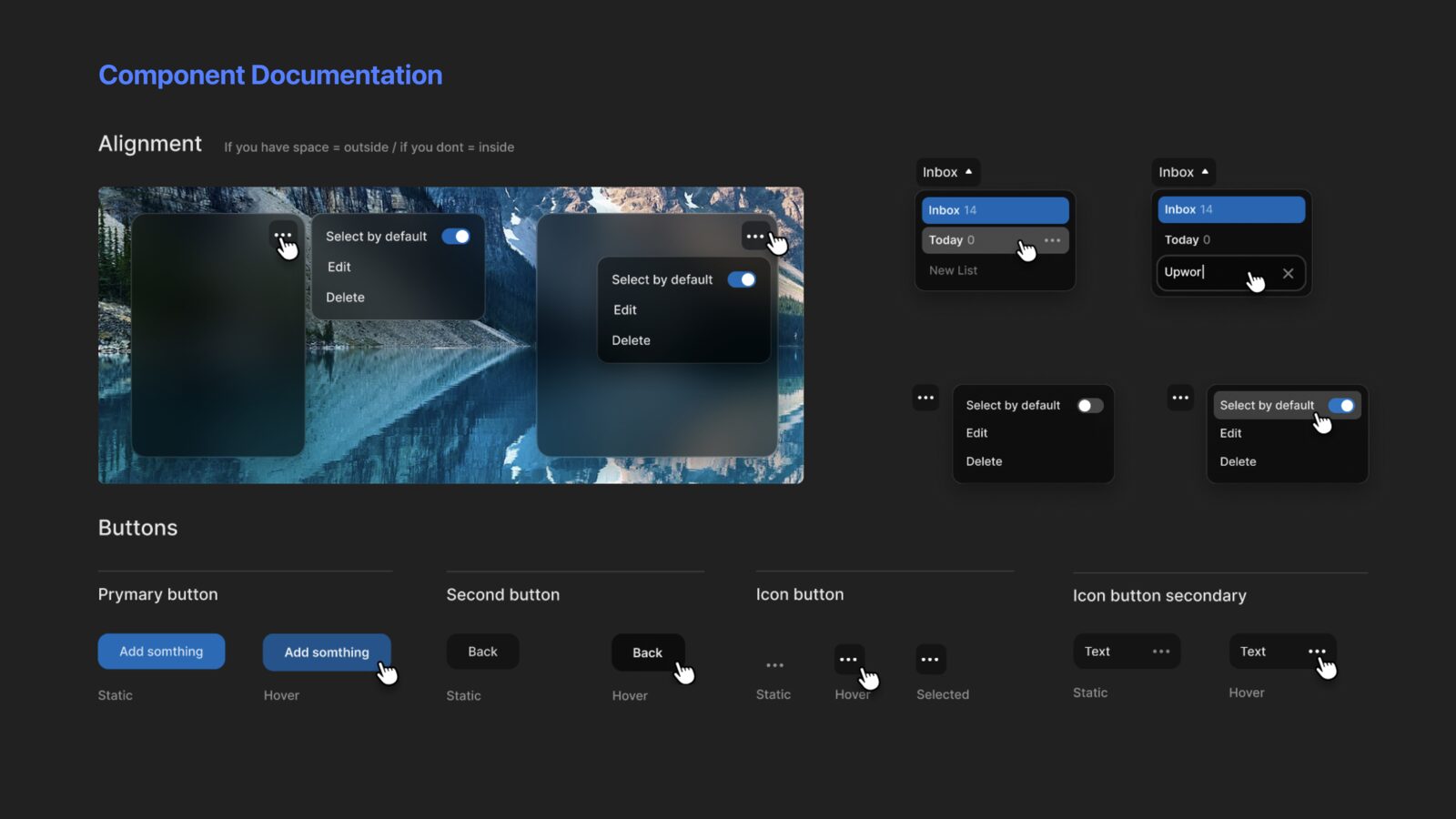 Component documentation covering alignment, buttons and states.