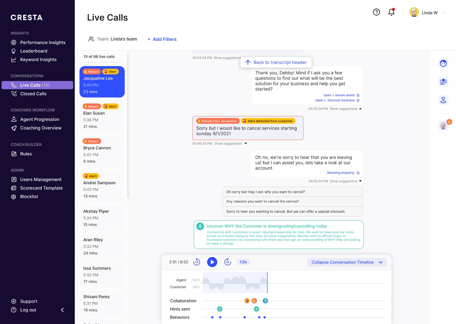 Cresta Live Calls: a queue of live conversations with alerts, an open transcript and a conversation timeline.