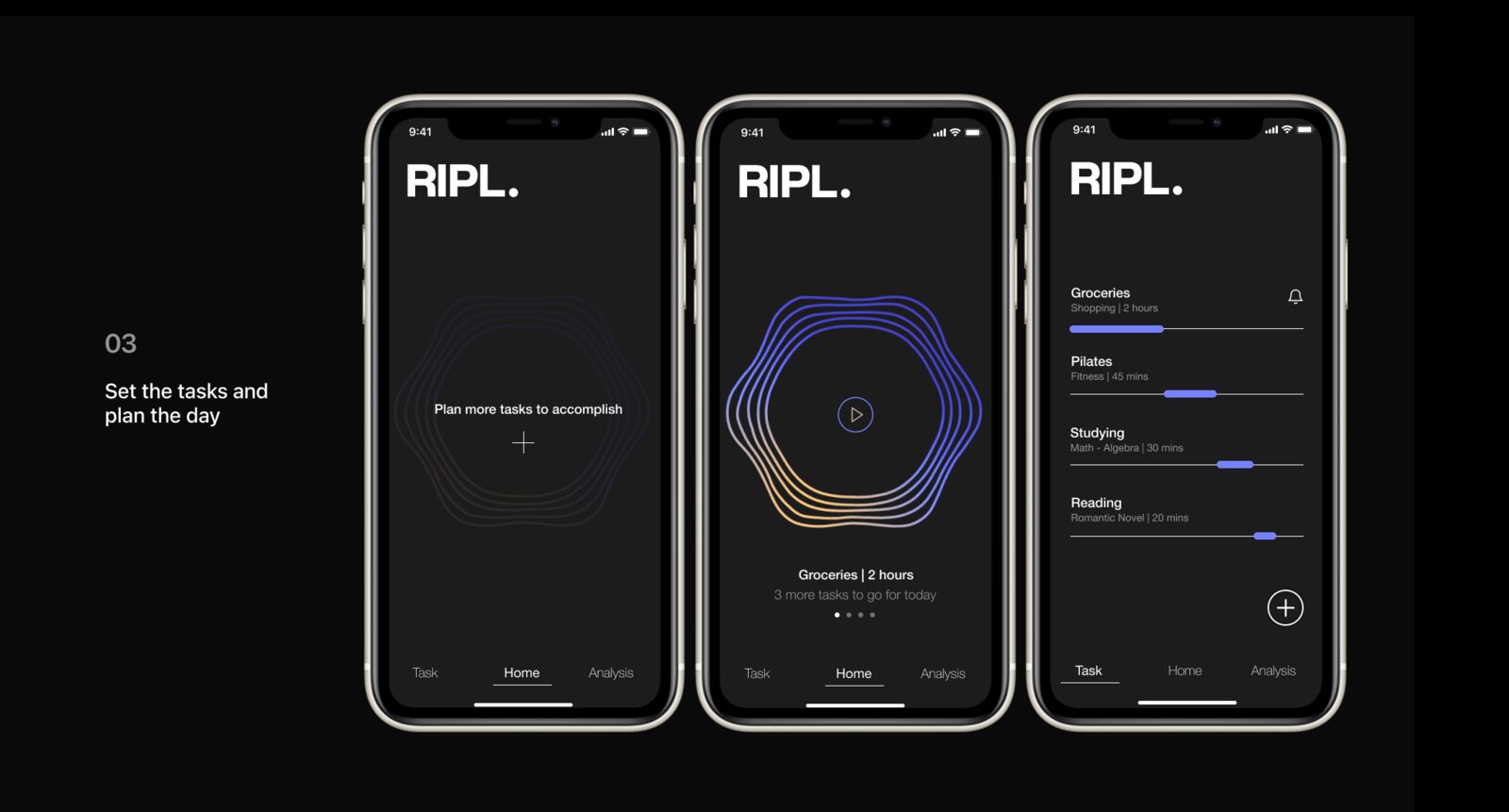 RIPL app screens for adding tasks and planning the day.